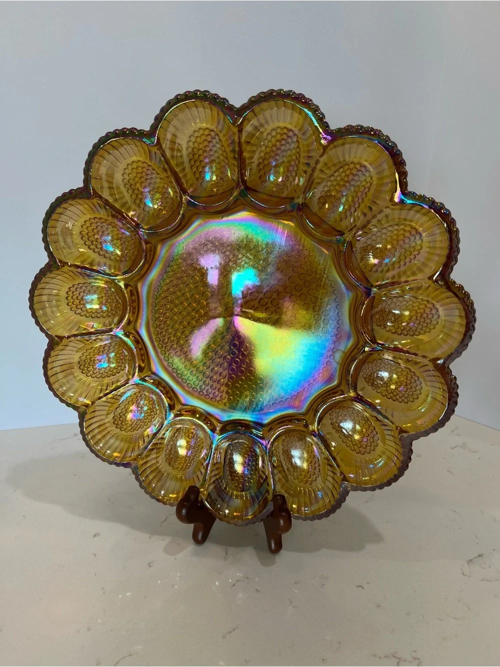 Vintage Indiana Glass Carnival Glass Deviled Egg Platter Plate Amber Hobnail 11”
